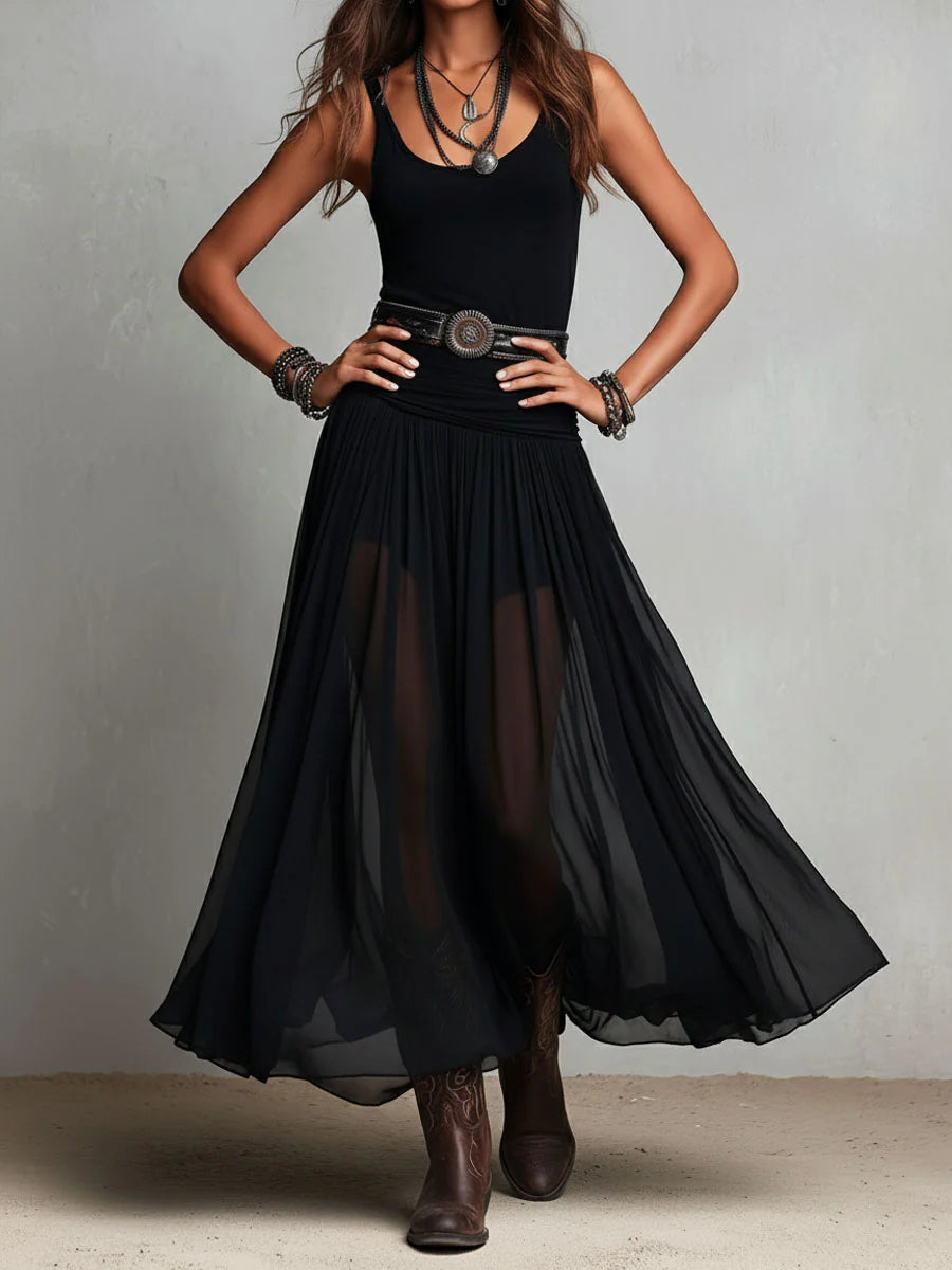Zaira | Abito Maxi Nero con Top a Bralette Senza Maniche e Gonna in Tulle (con Cintura)