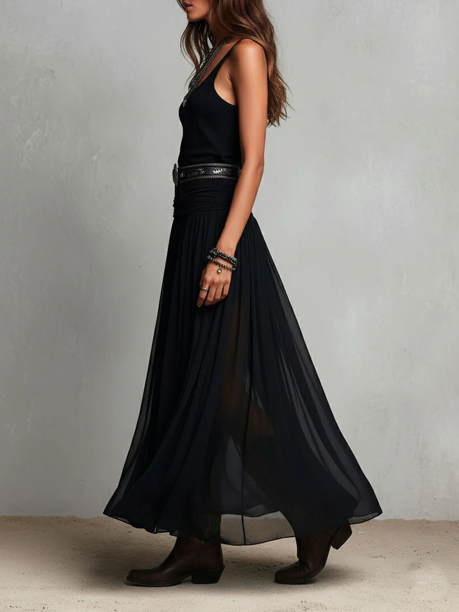 Zaira | Abito Maxi Nero con Top a Bralette Senza Maniche e Gonna in Tulle (con Cintura)