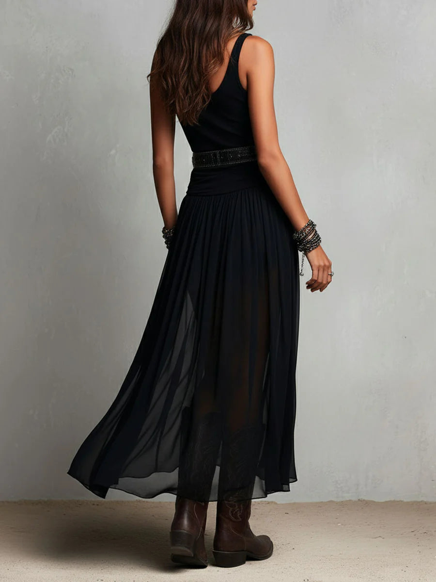 Zaira | Abito Maxi Nero con Top a Bralette Senza Maniche e Gonna in Tulle (con Cintura)