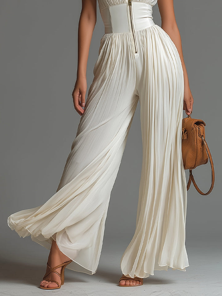 Maddalena | Tuta Bianca in Chiffon con Scollo a V Senza Maniche Gamba Larga Plissé