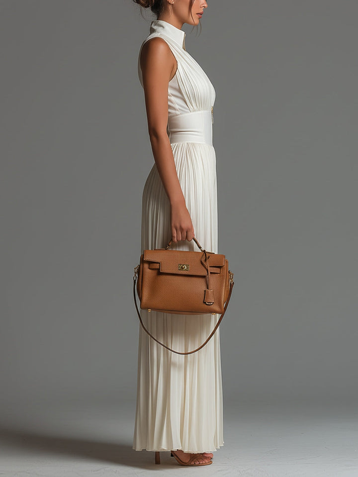 Maddalena | Tuta Bianca in Chiffon con Scollo a V Senza Maniche Gamba Larga Plissé