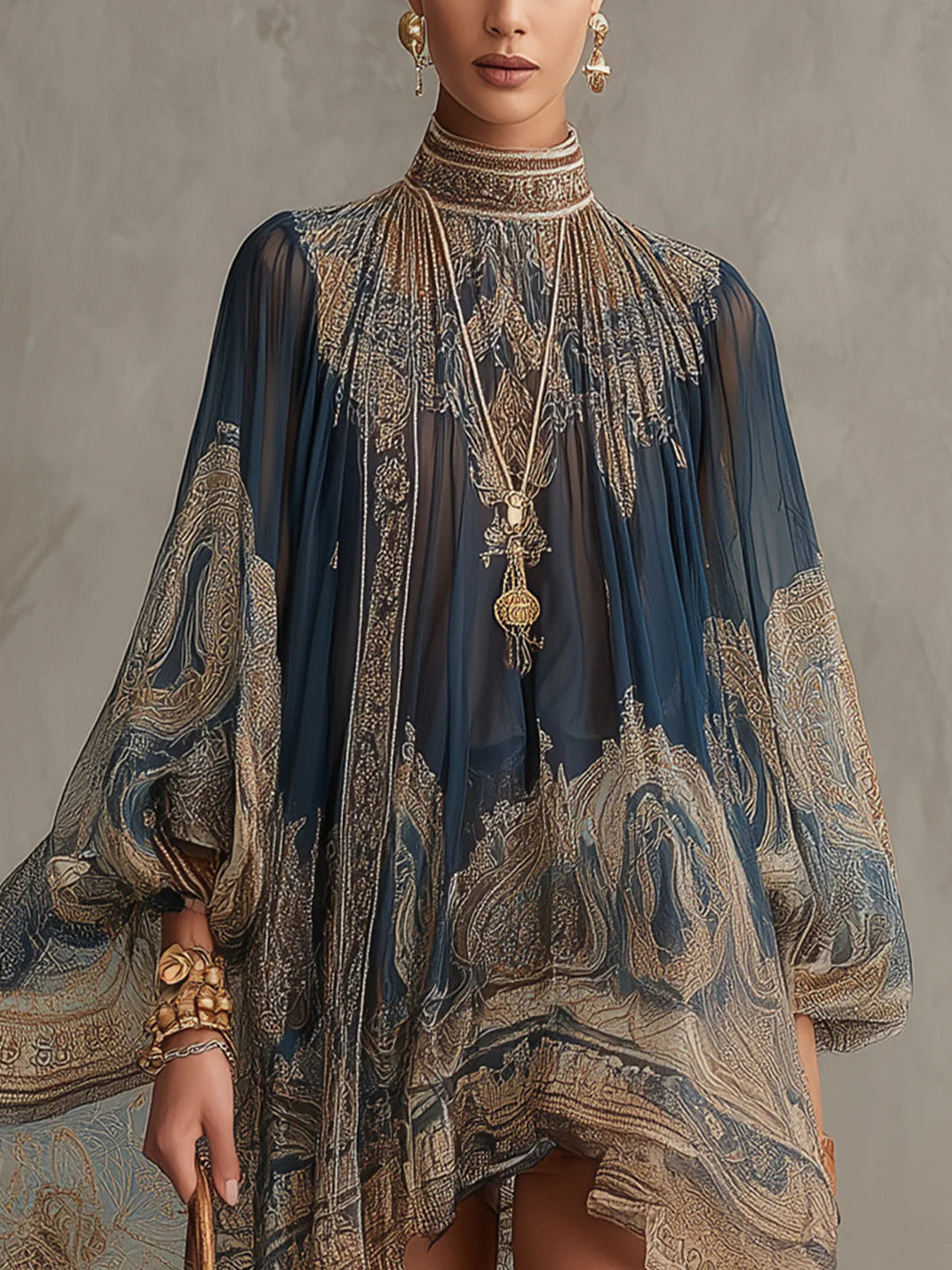 Fosca | Mini Abito Blu Navy in Chiffon Stampa Barocca con Collo Alto Irregolare