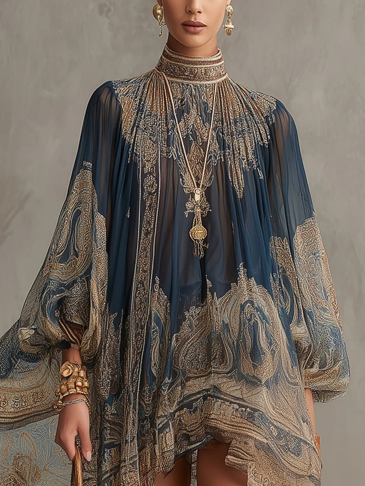 Fosca | Mini Abito Blu Navy in Chiffon Stampa Barocca con Collo Alto Irregolare
