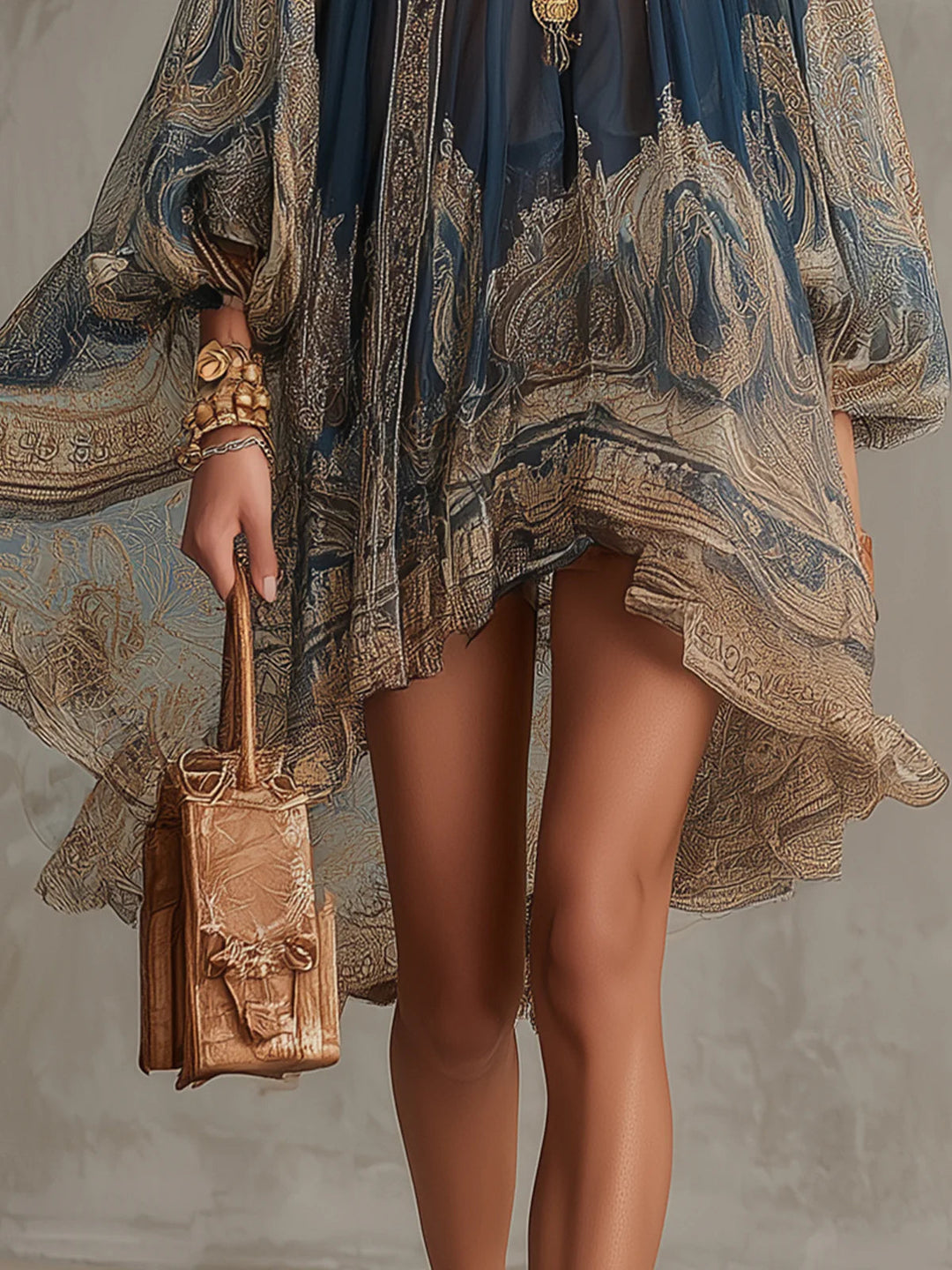 Fosca | Mini Abito Blu Navy in Chiffon Stampa Barocca con Collo Alto Irregolare