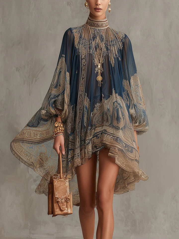 Fosca | Mini Abito Blu Navy in Chiffon Stampa Barocca con Collo Alto Irregolare