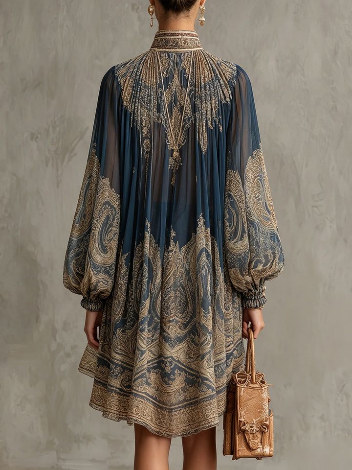Fosca | Mini Abito Blu Navy in Chiffon Stampa Barocca con Collo Alto Irregolare