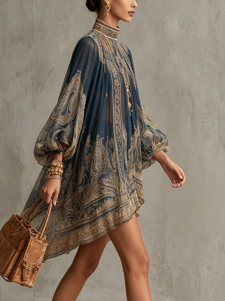Fosca | Mini Abito Blu Navy in Chiffon Stampa Barocca con Collo Alto Irregolare
