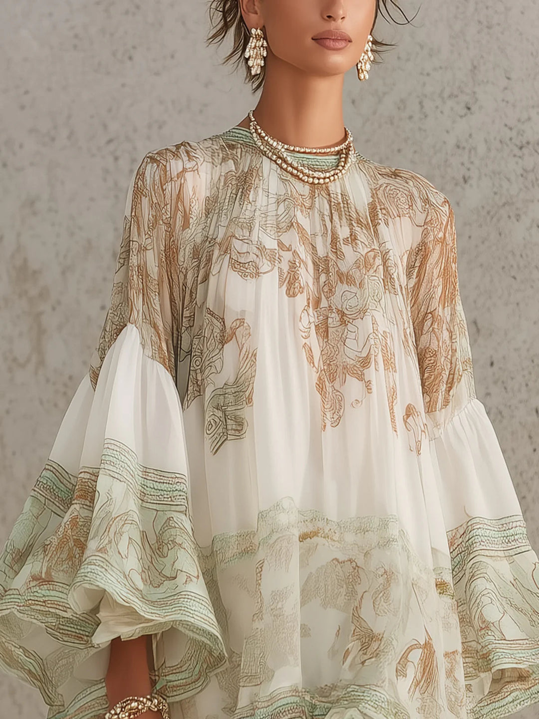 Elvira | Mini Abito Verde in Chiffon Stampato con Maniche a Volant e Orlo a Volant