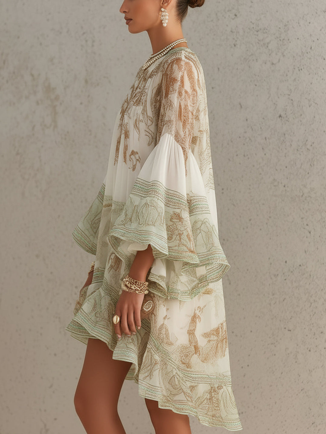 Elvira | Mini Abito Verde in Chiffon Stampato con Maniche a Volant e Orlo a Volant