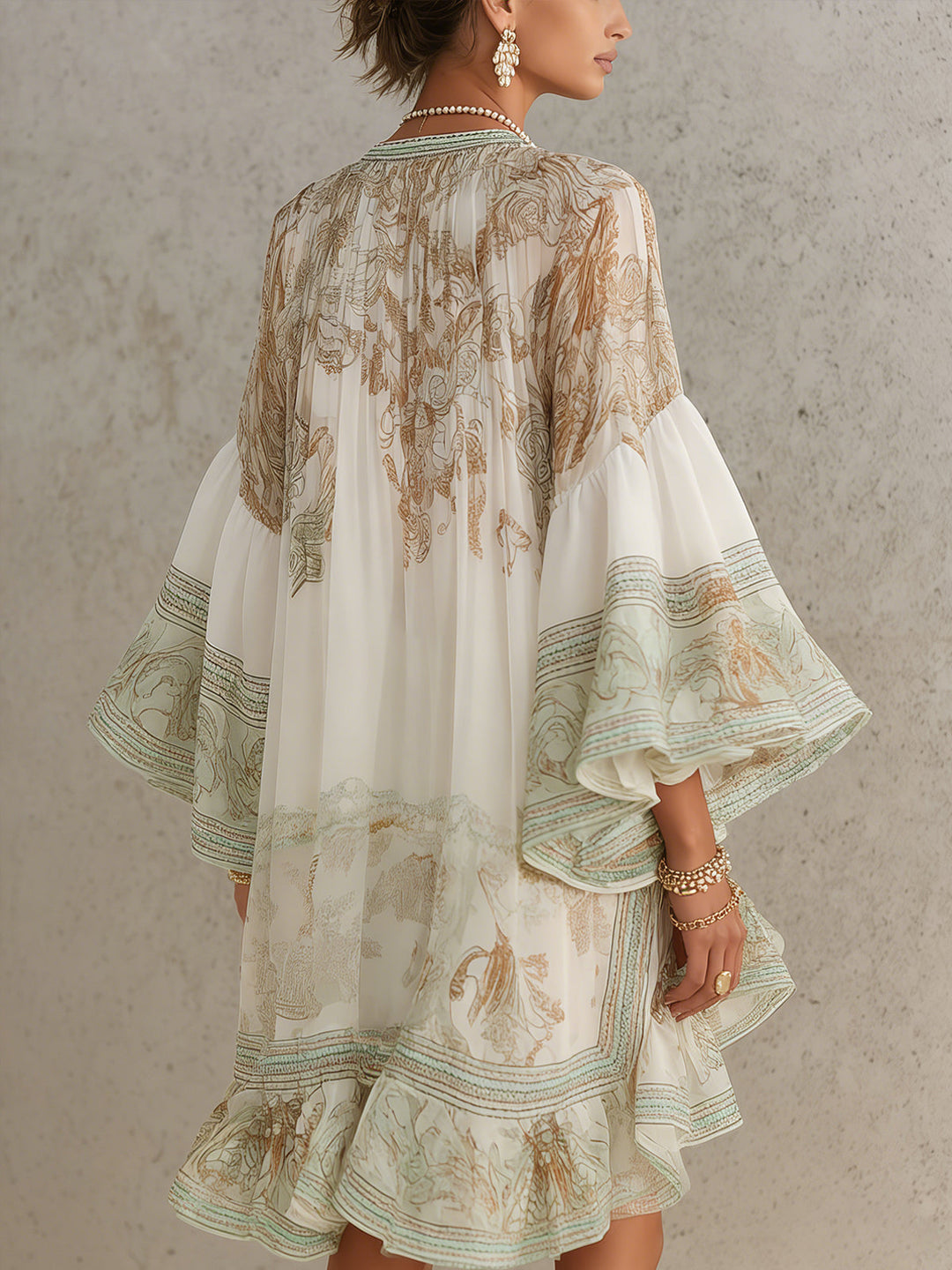 Elvira | Mini Abito Verde in Chiffon Stampato con Maniche a Volant e Orlo a Volant