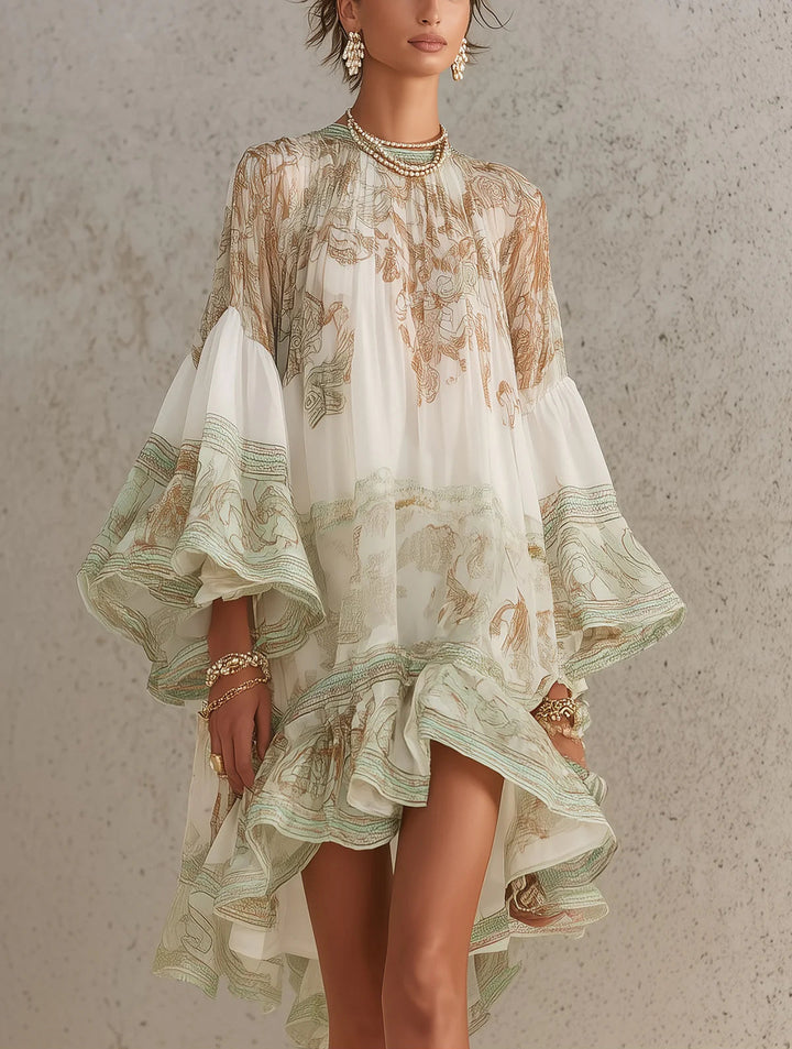 Elvira | Mini Abito Verde in Chiffon Stampato con Maniche a Volant e Orlo a Volant