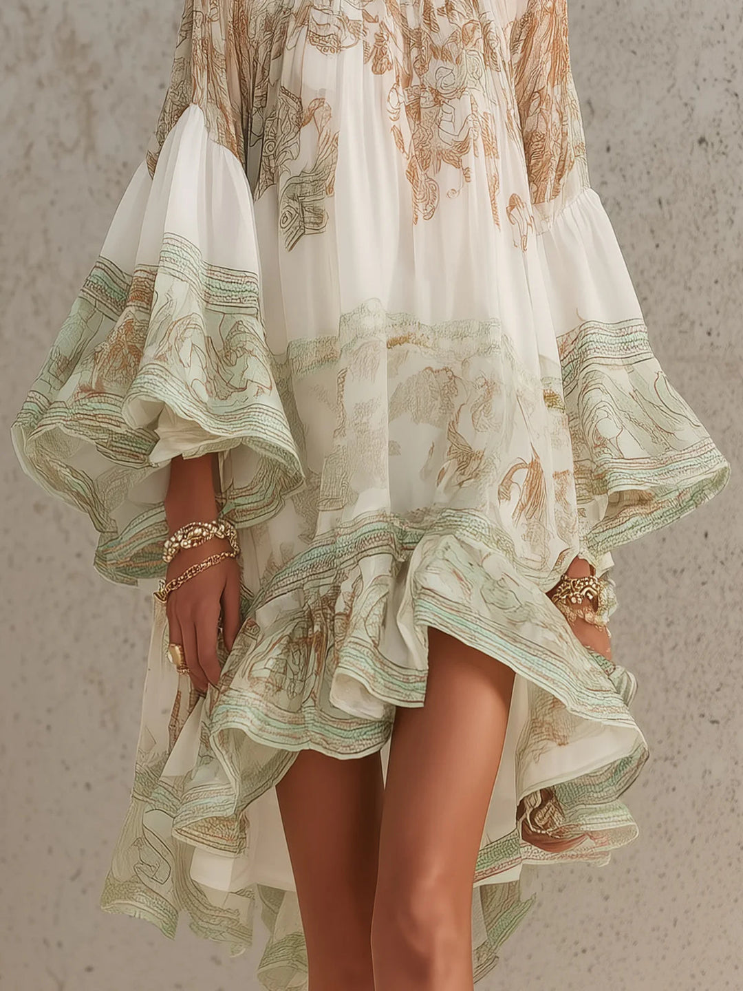 Elvira | Mini Abito Verde in Chiffon Stampato con Maniche a Volant e Orlo a Volant