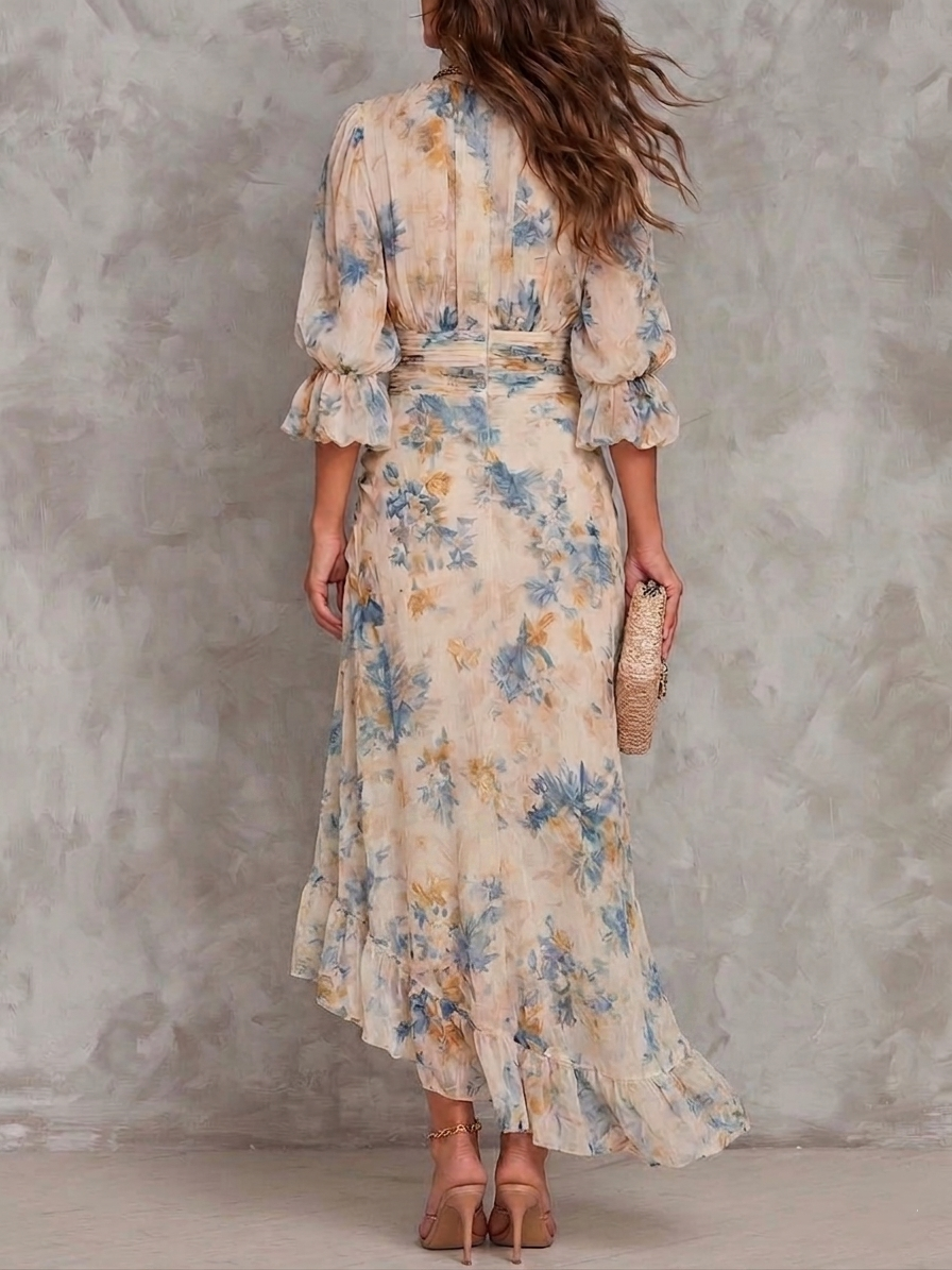 Teresa | Abito Maxi Beige Collo Alto con Stampa Floreale Effetto Pittura a Olio Irregolare
