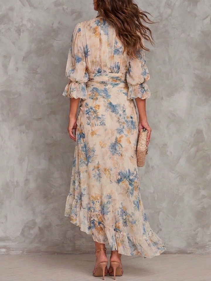 Teresa | Abito Maxi Beige Collo Alto con Stampa Floreale Effetto Pittura a Olio Irregolare