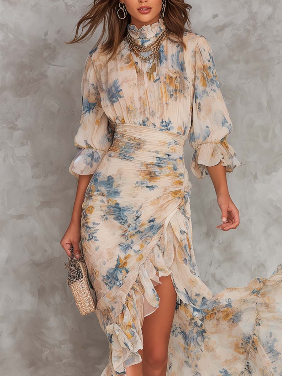 Teresa | Abito Maxi Beige Collo Alto con Stampa Floreale Effetto Pittura a Olio Irregolare