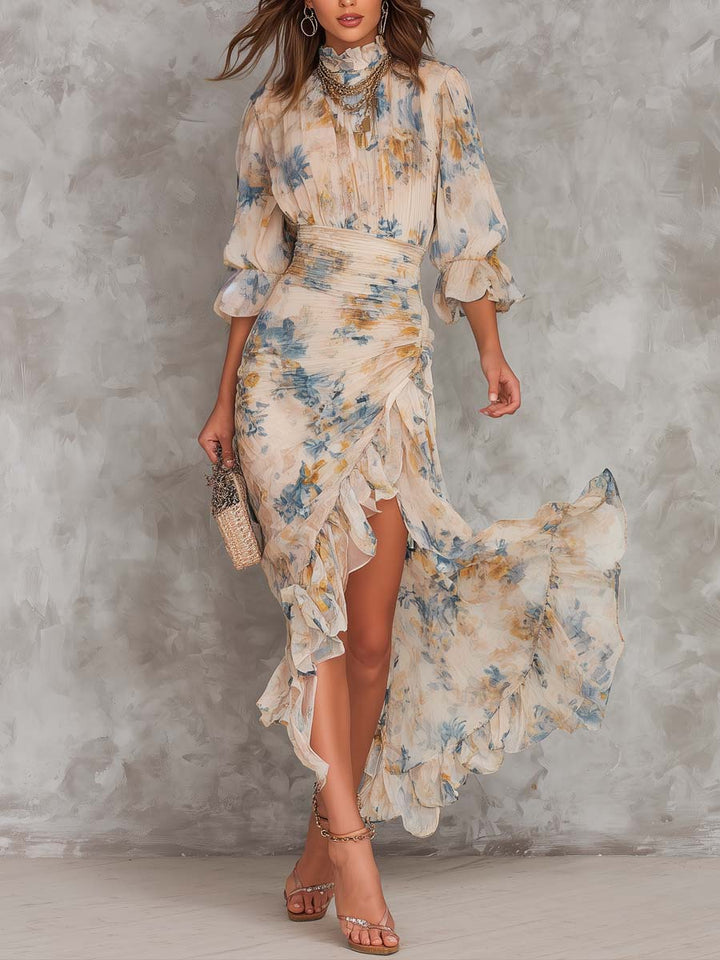Teresa | Abito Maxi Beige Collo Alto con Stampa Floreale Effetto Pittura a Olio Irregolare
