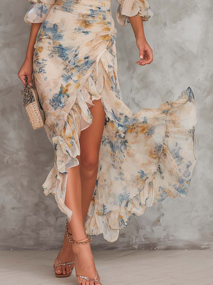 Teresa | Abito Maxi Beige Collo Alto con Stampa Floreale Effetto Pittura a Olio Irregolare