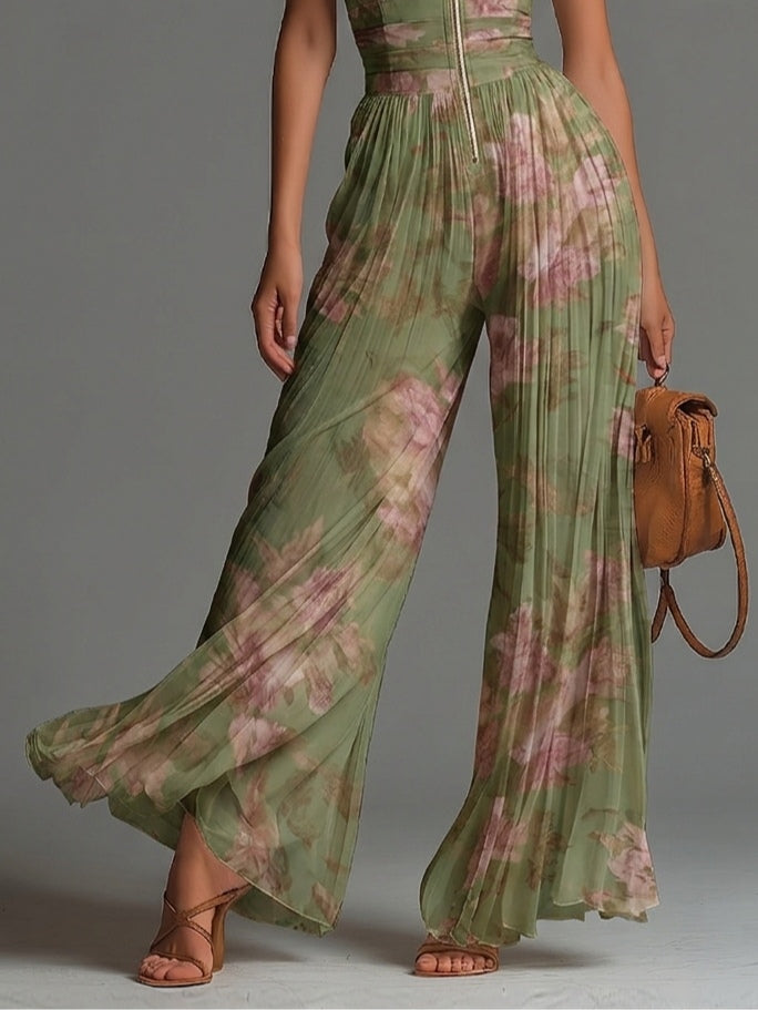 Vincenza | Tuta Verde Floreale in Chiffon con Scollo a V Senza Maniche Gamba Larga Plissé