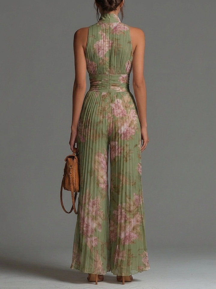 Vincenza | Tuta Verde Floreale in Chiffon con Scollo a V Senza Maniche Gamba Larga Plissé