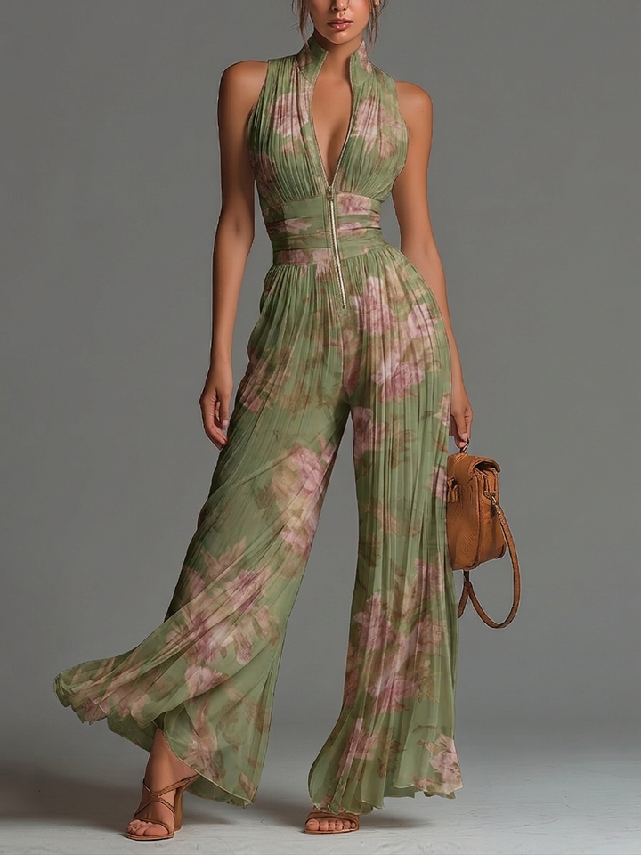 Vincenza | Tuta Verde Floreale in Chiffon con Scollo a V Senza Maniche Gamba Larga Plissé