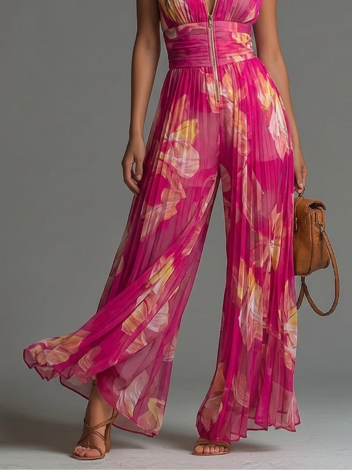 Nerina | Tuta Fucsia Floreale in Chiffon Senza Maniche Gamba Larga Plissé