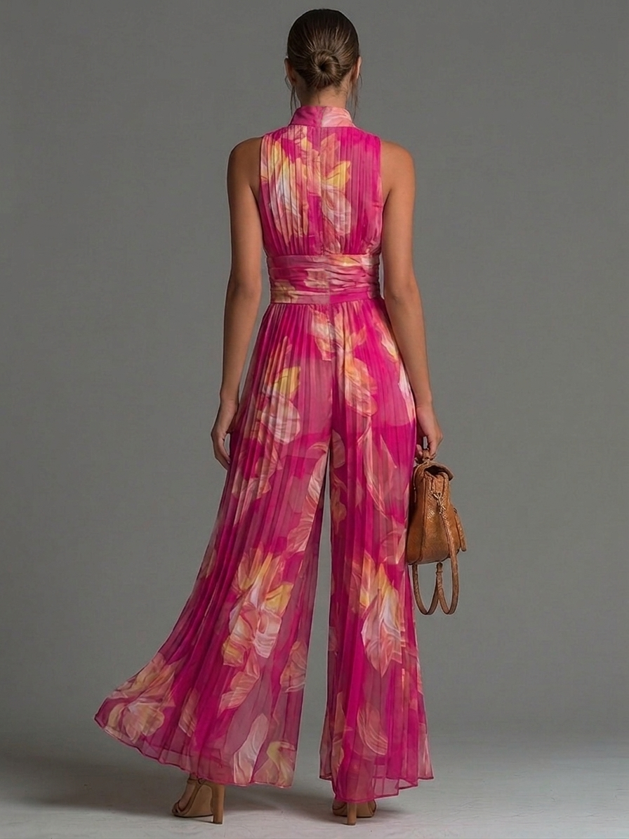 Nerina | Tuta Fucsia Floreale in Chiffon Senza Maniche Gamba Larga Plissé