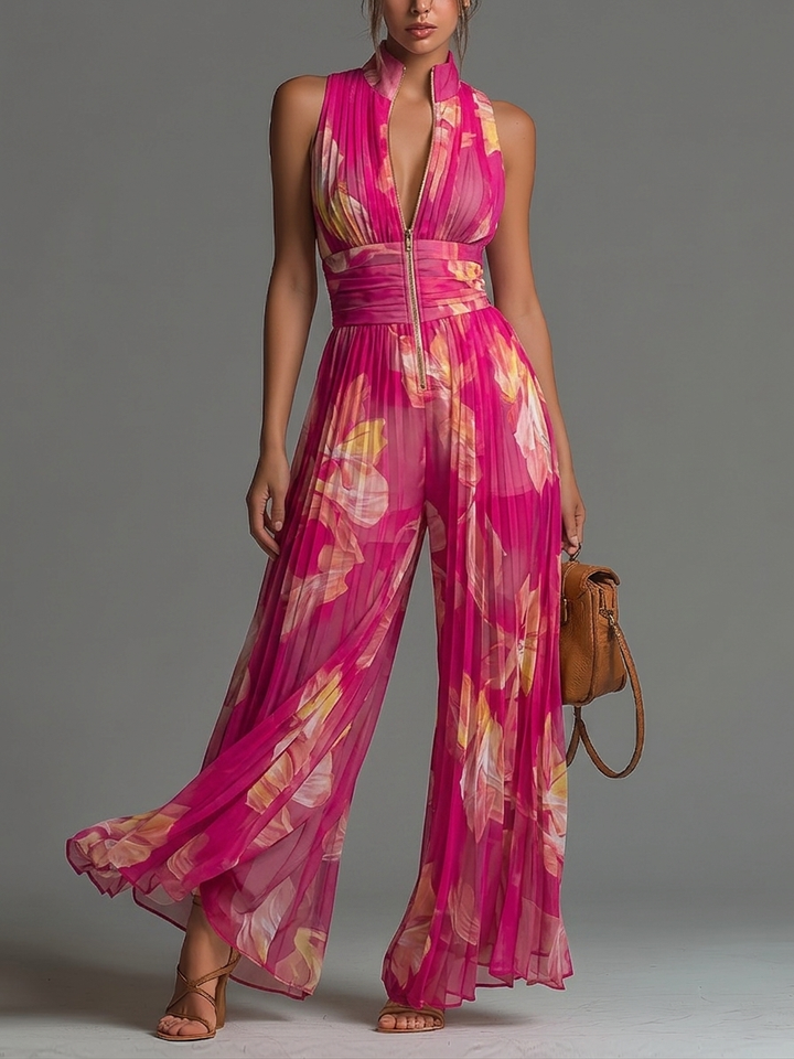 Nerina | Tuta Fucsia Floreale in Chiffon Senza Maniche Gamba Larga Plissé