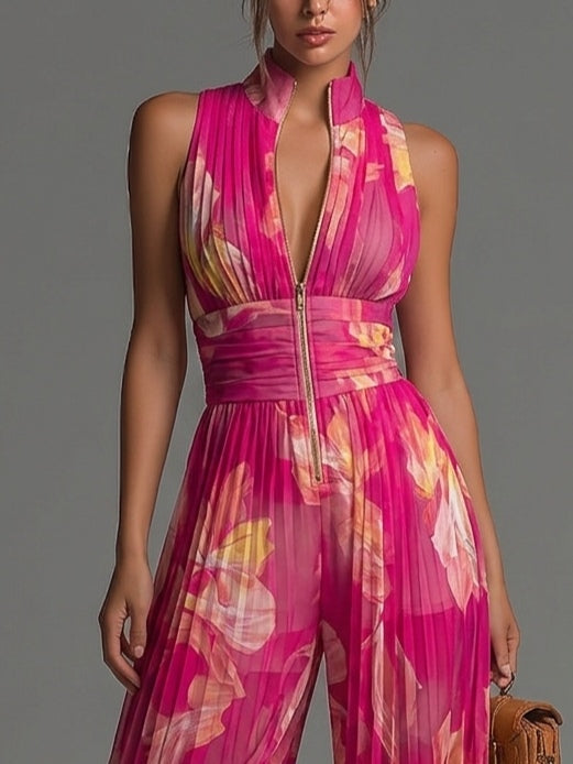 Nerina | Tuta Fucsia Floreale in Chiffon Senza Maniche Gamba Larga Plissé