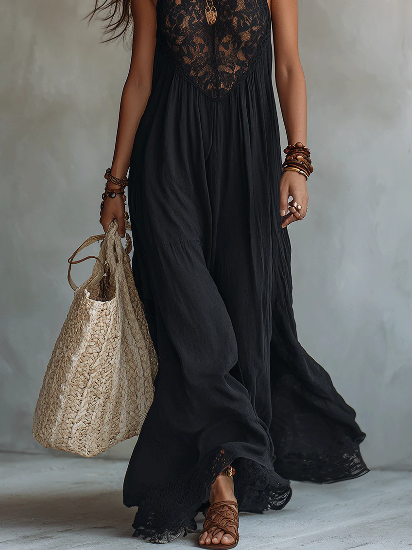 Adalgisa | Abito Maxi Nero Boho Senza Maniche Bordato di Pizzo