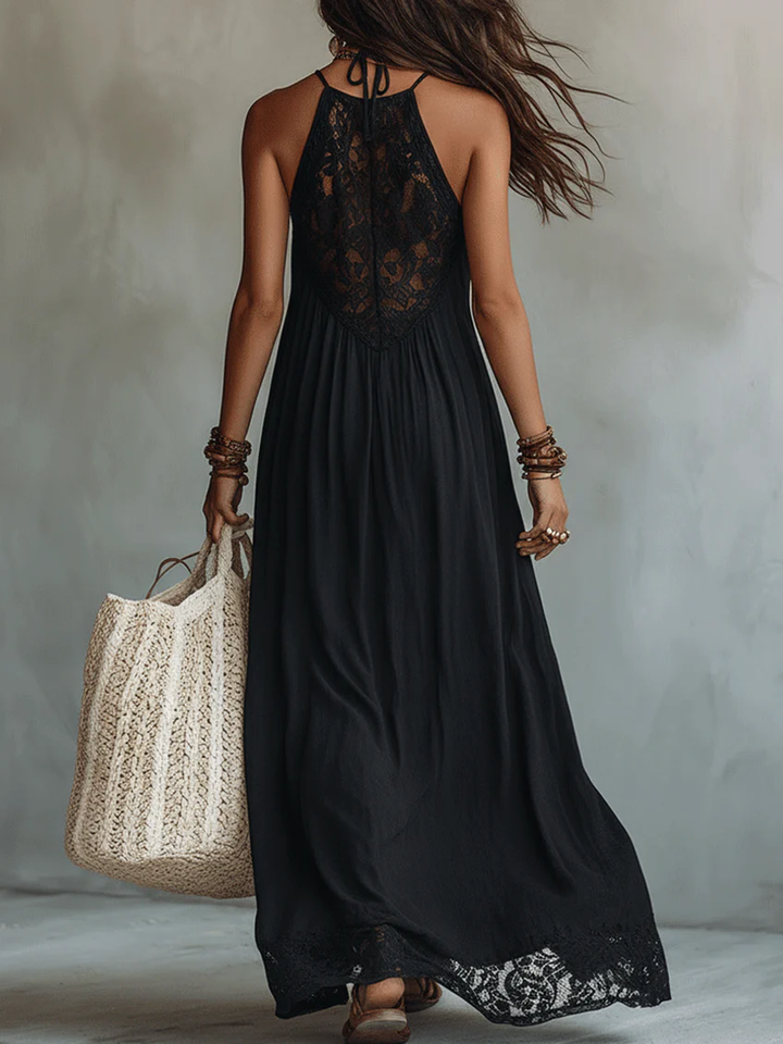 Adalgisa | Abito Maxi Nero Boho Senza Maniche Bordato di Pizzo
