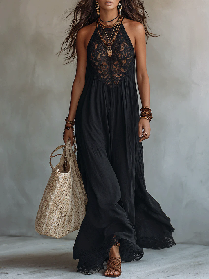 Adalgisa | Abito Maxi Nero Boho Senza Maniche Bordato di Pizzo