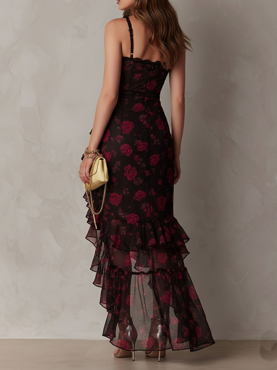 Marisa | Abito Elegante Nero e Rosso Floreale con Arricciature e Orlo a Volant