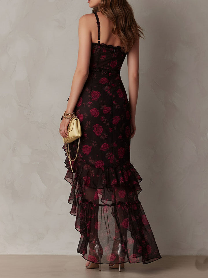 Marisa | Abito Elegante Nero e Rosso Floreale con Arricciature e Orlo a Volant