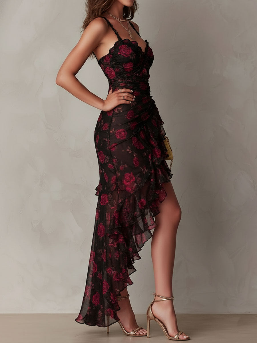 Marisa | Abito Elegante Nero e Rosso Floreale con Arricciature e Orlo a Volant