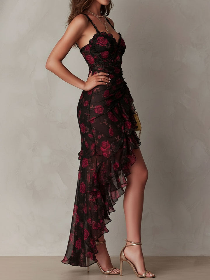 Marisa | Abito Elegante Nero e Rosso Floreale con Arricciature e Orlo a Volant