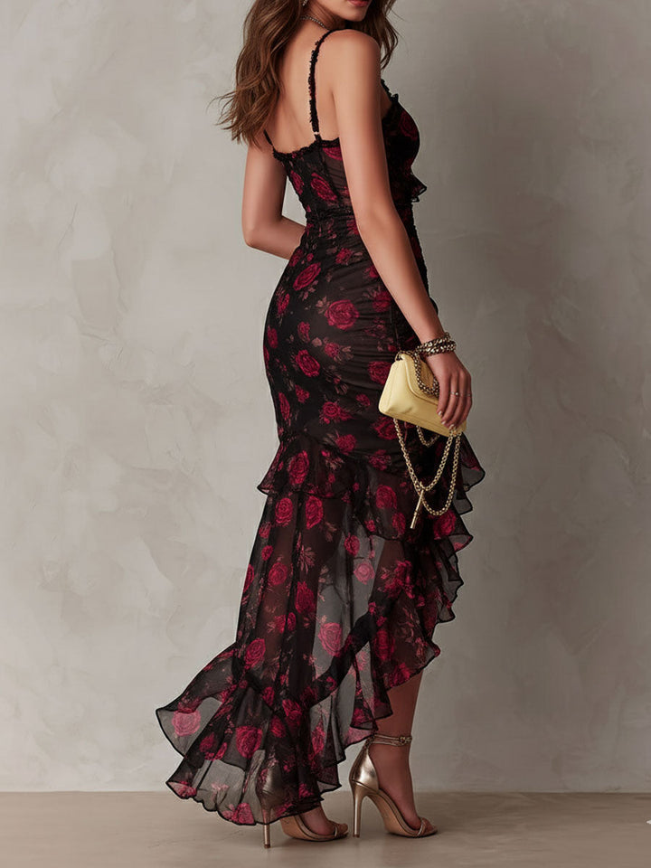 Marisa | Abito Elegante Nero e Rosso Floreale con Arricciature e Orlo a Volant