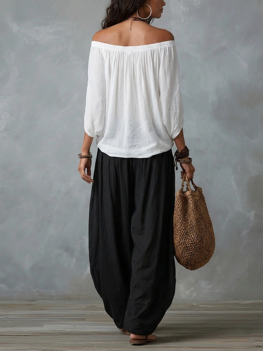 Grazia | Completo Bianco con Top a Spalle Scoperte e Pantalone a Lanterna Ampio
