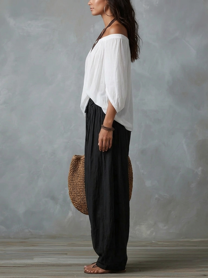 Grazia | Completo Bianco con Top a Spalle Scoperte e Pantalone a Lanterna Ampio