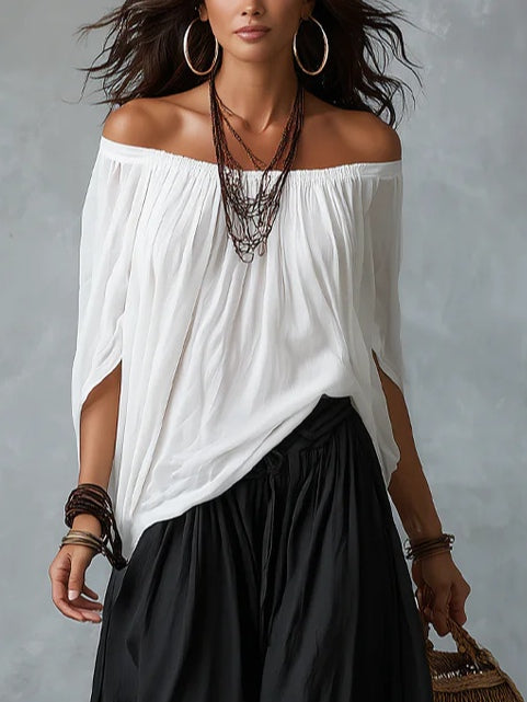 Grazia | Completo Bianco con Top a Spalle Scoperte e Pantalone a Lanterna Ampio