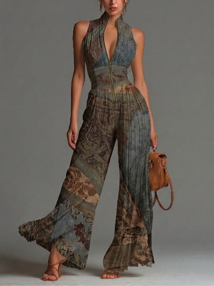 Cleofe | Tuta Boho Stampa Etnica Senza Maniche in Chiffon Gamba Larga Plissé