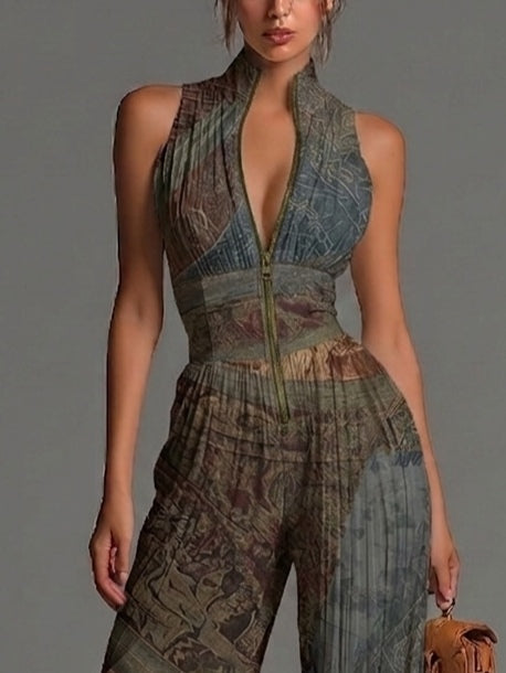 Cleofe | Tuta Boho Stampa Etnica Senza Maniche in Chiffon Gamba Larga Plissé