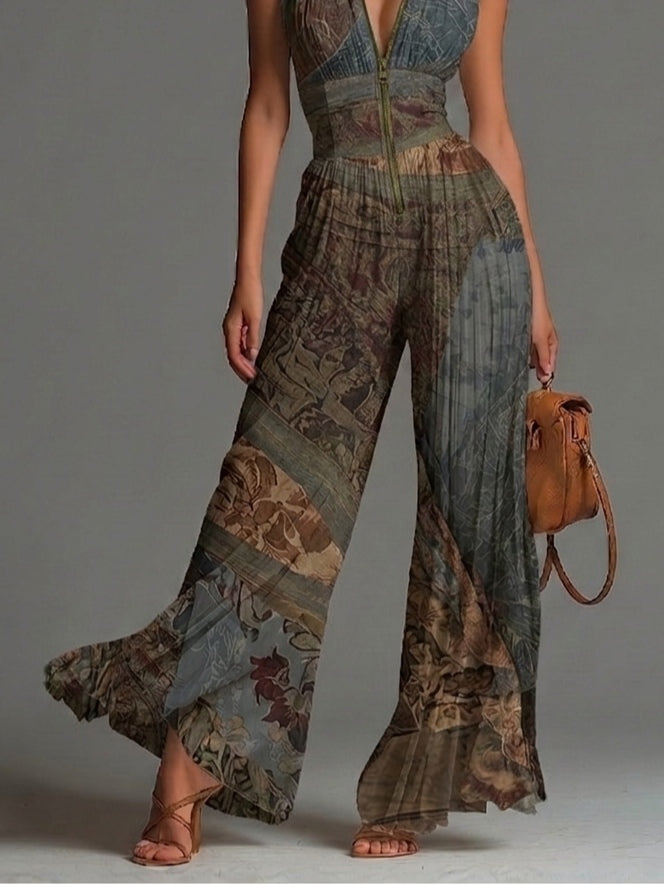 Cleofe | Tuta Boho Stampa Etnica Senza Maniche in Chiffon Gamba Larga Plissé