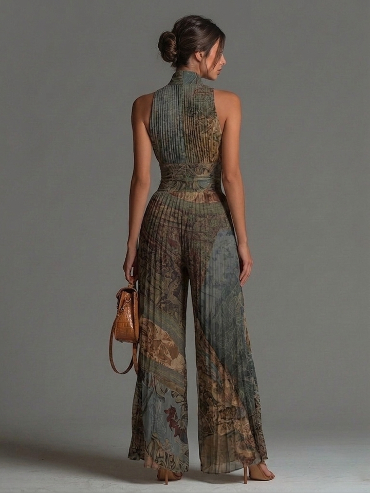 Cleofe | Tuta Boho Stampa Etnica Senza Maniche in Chiffon Gamba Larga Plissé