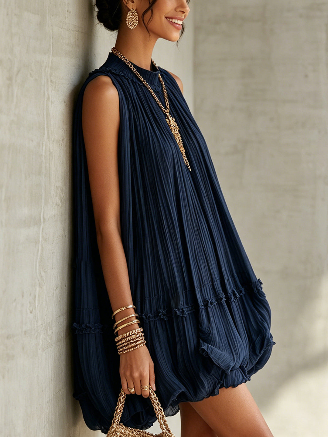 Dianora | Mini Abito in Chiffon con Collo Americano e Gonna a Palloncino