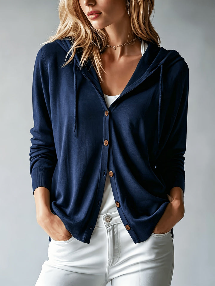Ilaria | Cardigan Blu Navy con Cappuccio e Bottoni