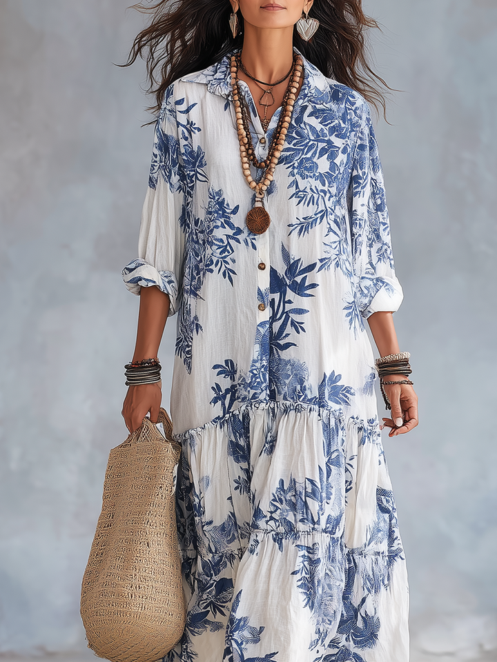 Fiamma | Abito Maxi Floreale Blu con Bottoni