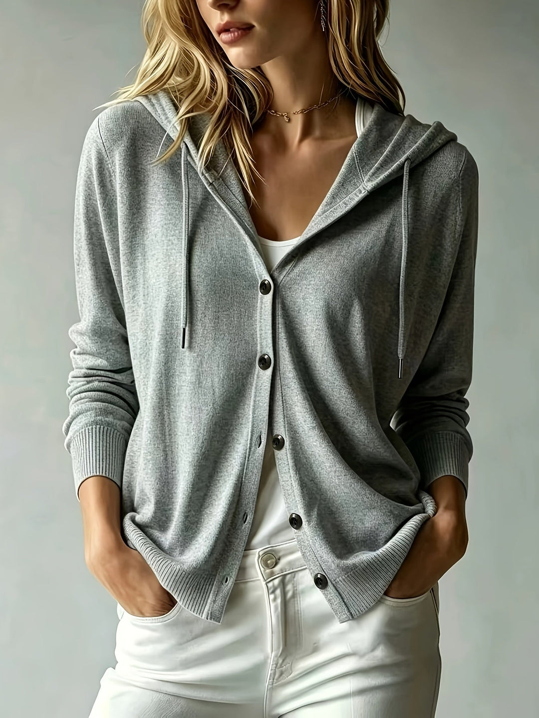 Federica | Cardigan Grigio con Cappuccio e Chiusura a Bottoni