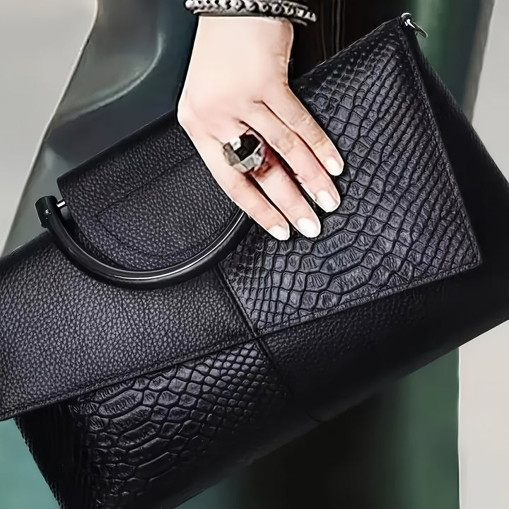 Bianca | Pochette alla moda con stampa di coccodrillo - borsa a spalla e a tracolla versatile, ideale per lavoro, acquisti e regalo - con chiusura magnetica, nero