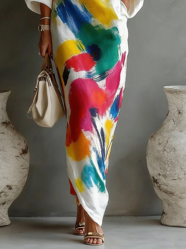 Ilaria | Abito Maxi Monospalla con Stampa Astratta