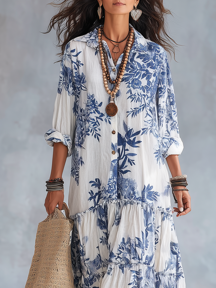 Fiamma | Abito Maxi Floreale Blu con Bottoni